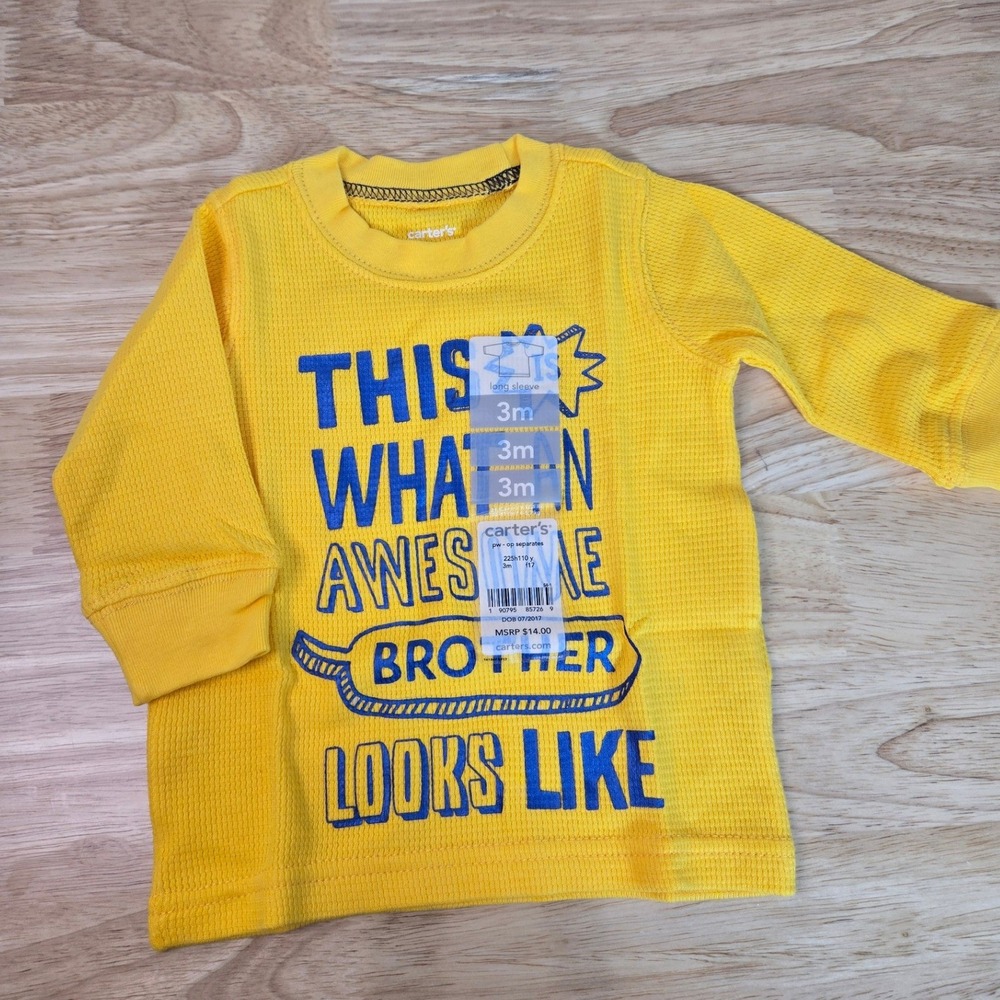 Carters Baby Boy Yellow Awesome Brother Thermal Waffle Knit Shirt 3M NWT